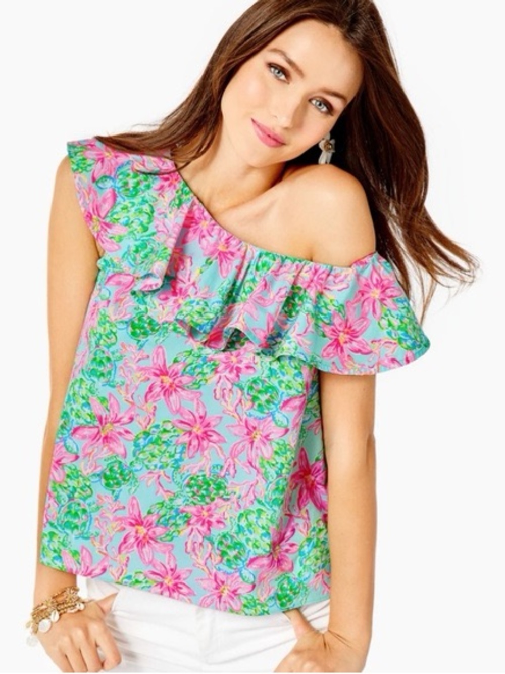Lilly Pulitzer Zeldie One Shoulder Ruffle Floral Top NWT Size Small